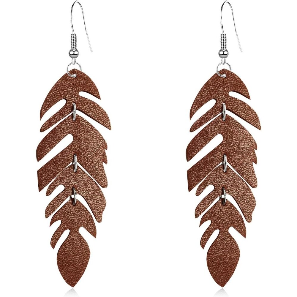 Handmade Bohemian Feather Leaf Leather Dangle Earrings - Lightweight & Elegant